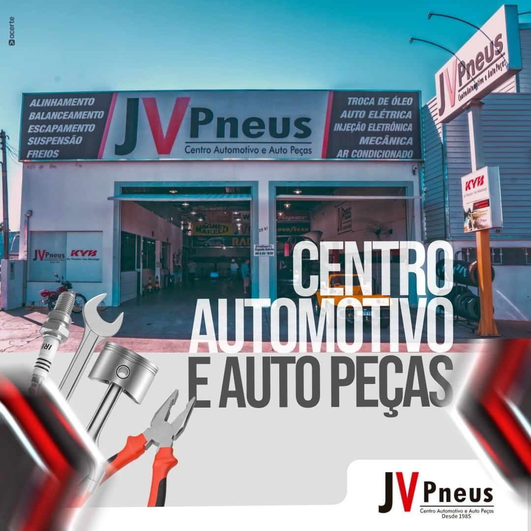 Fachada da JV Pneus, centro automotivo e auto peças